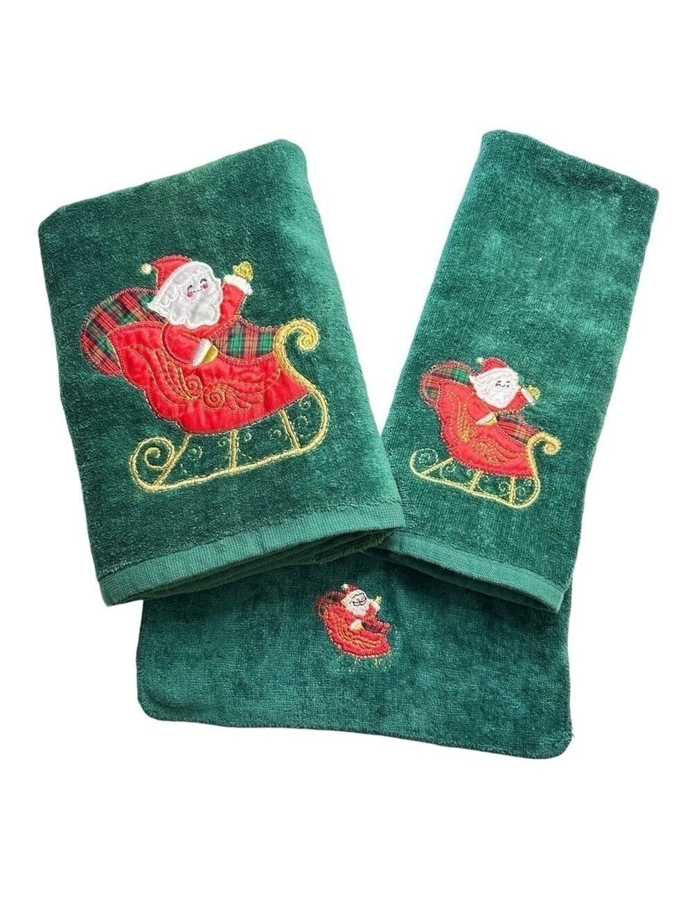 Vintage‎ Embroidered Christmas Santa Bath Set Towel Face Cloth & Hand Towel